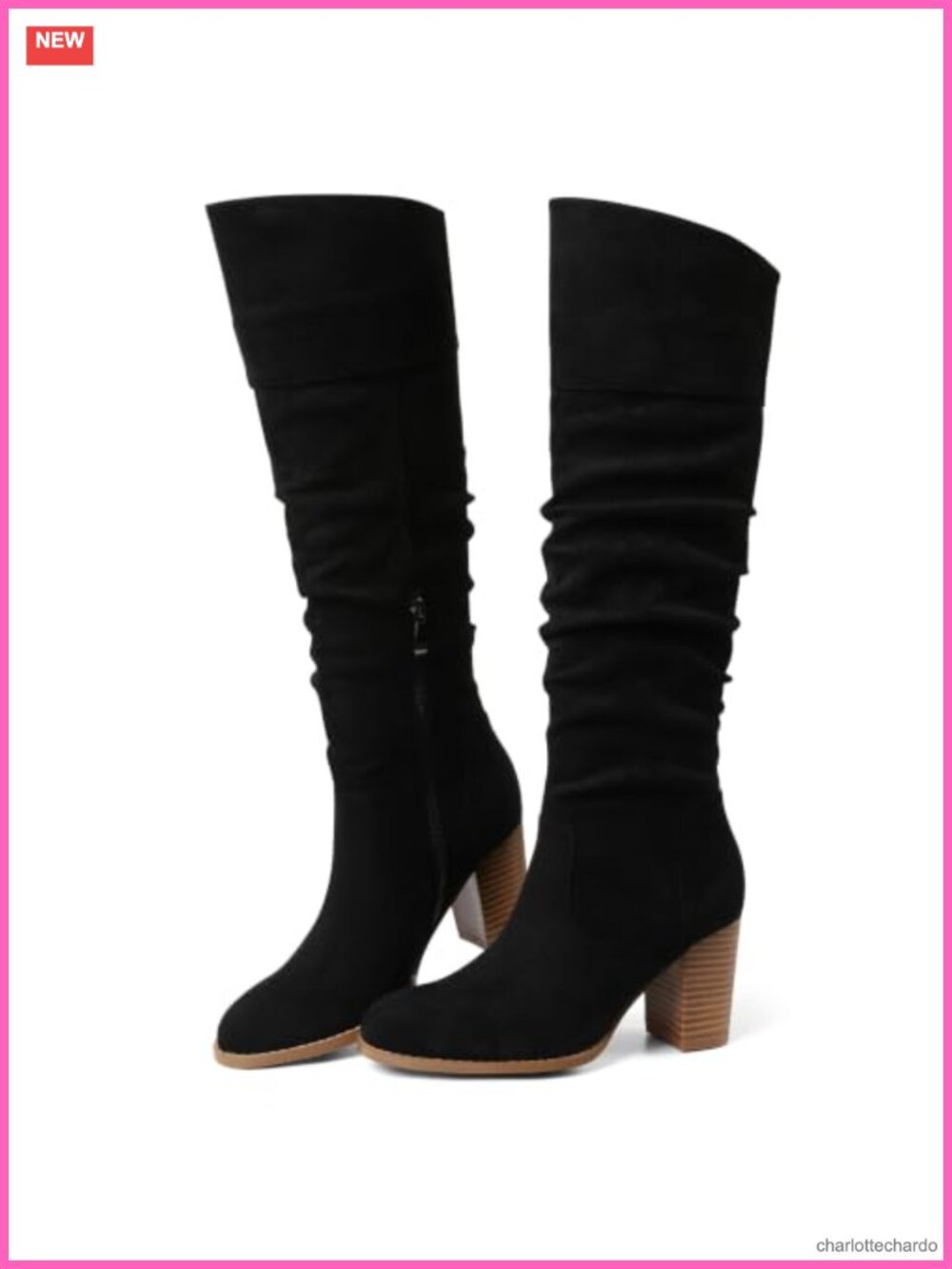 Suede Slouch Knee High Boots Chunky Heel Western Round Toe